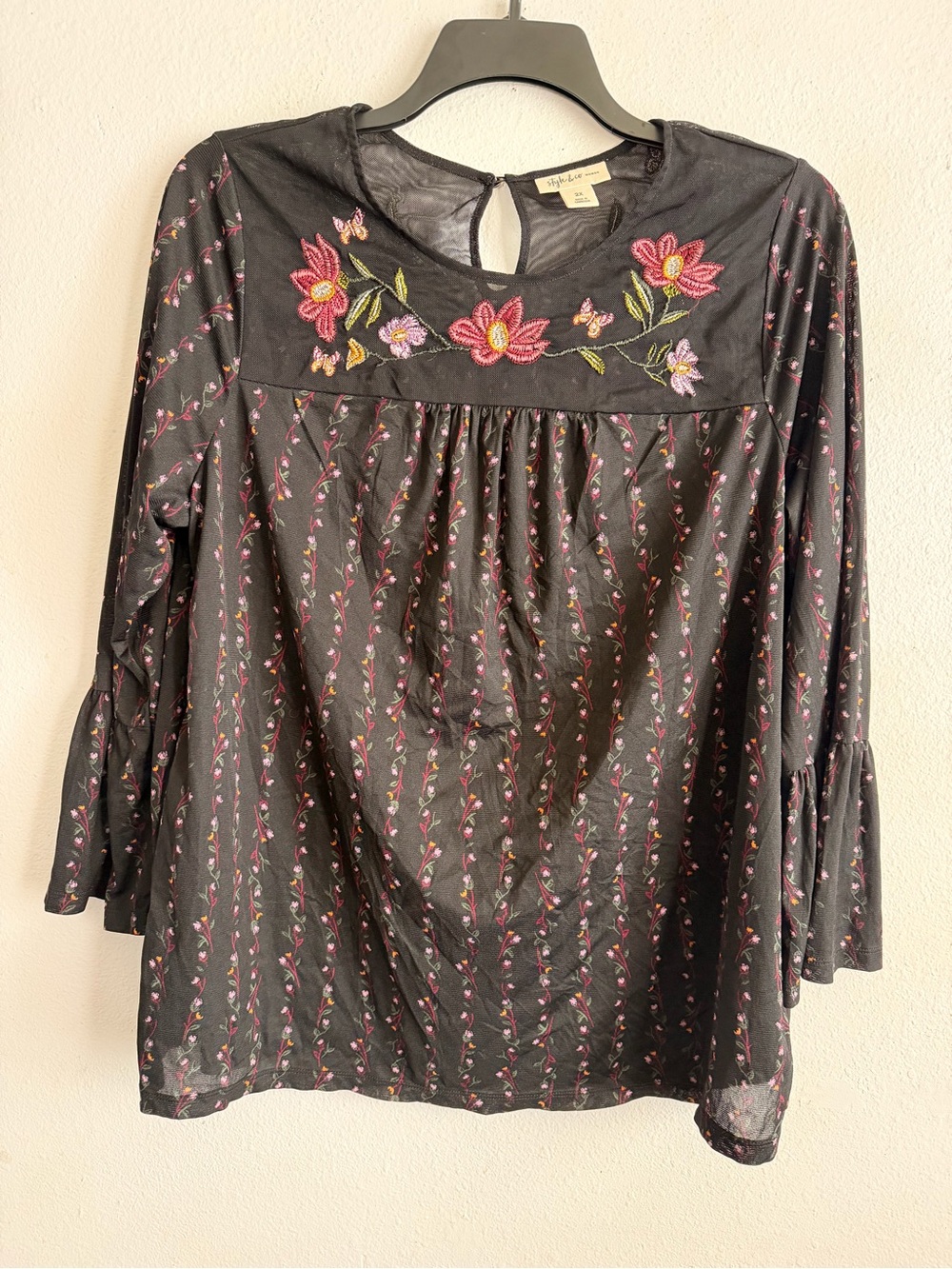 Embroidered Black Floral Peasant Top